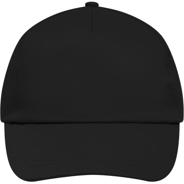 A black 5-panel cap with a lightly laminated finish, featuring a curved brim and a logo.