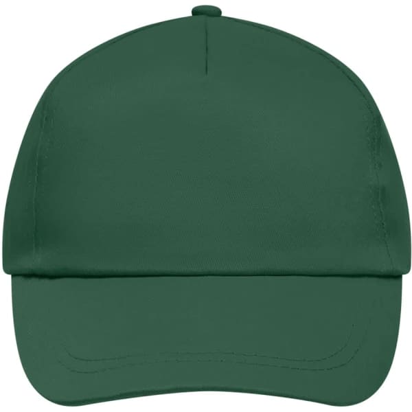 A green 5-panel cap with a lightly laminated finish and a rounded peak, featuring a branding logo.