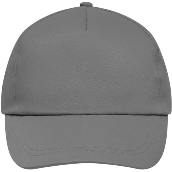 A grey 5 panel promotional cap with a lightly laminated finish, featuring a branded logo.