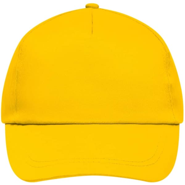 A bright yellow 5 panel cap with a smooth surface and a curved brim, featuring a logo.