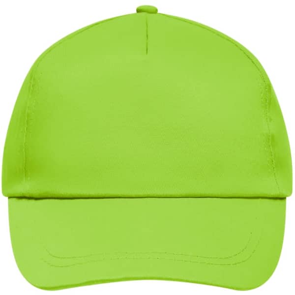 A bright green 5-panel cap with a structured design and a visor. Features a branding logo.