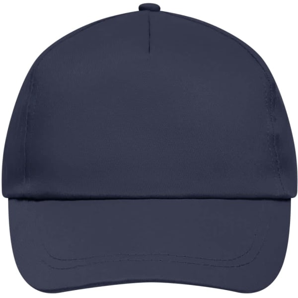 A navy blue 5-panel promo cap, lightly laminated, featuring a front panel and a peak. It has a logo.