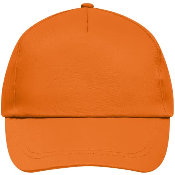 An orange 5-panel cap with a lightly laminated finish, featuring a structured peak and a logo.