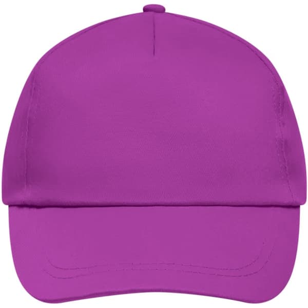 A purple 5-panel cap with a lightly laminated finish and a logo on the front.