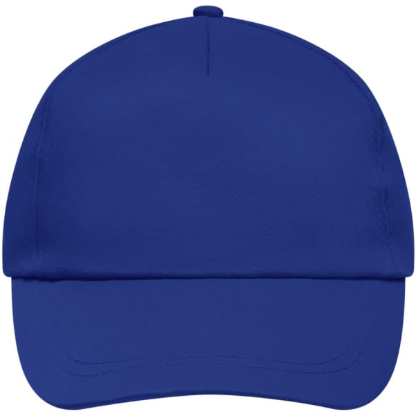 A blue 5-panel cap with a lightly laminated finish and a curved brim, featuring a logo.