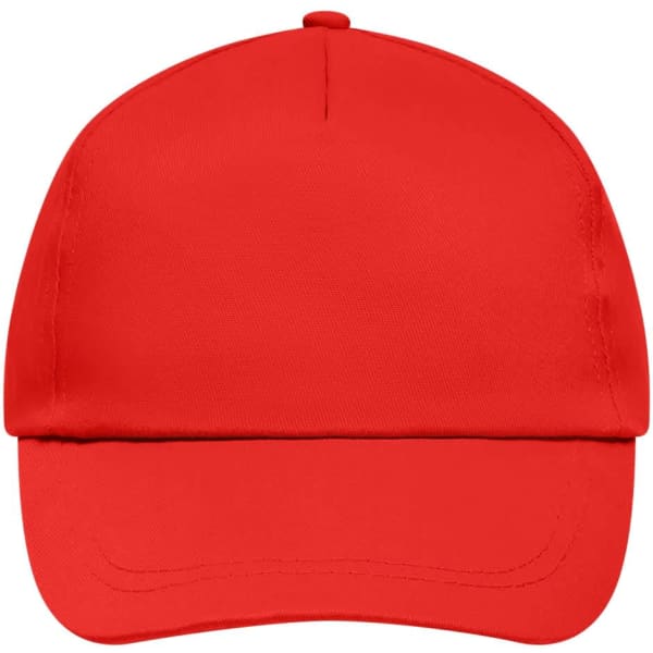 A red 5-panel cap with a lightly laminated finish and a logo on the front.
