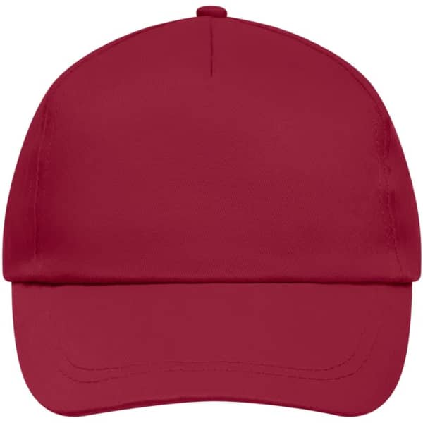 A red 5 panel promotional cap with a lightly laminated finish and a logo on the front.