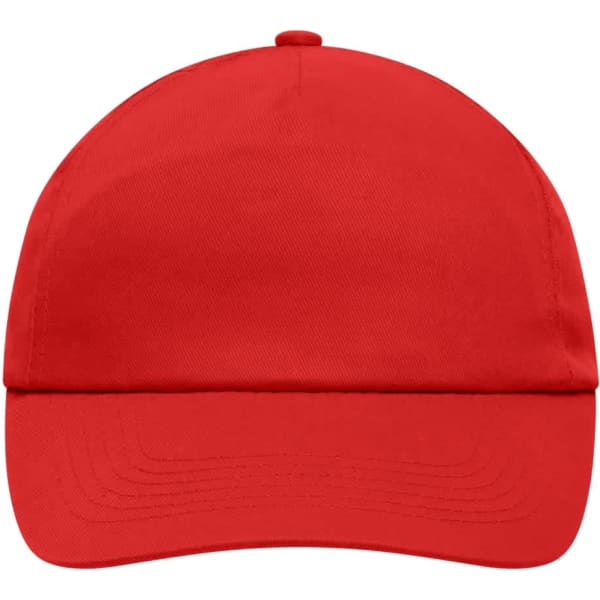 A red 5-panel cap with a curved brim and a logo on the front. Suitable for promotional use.