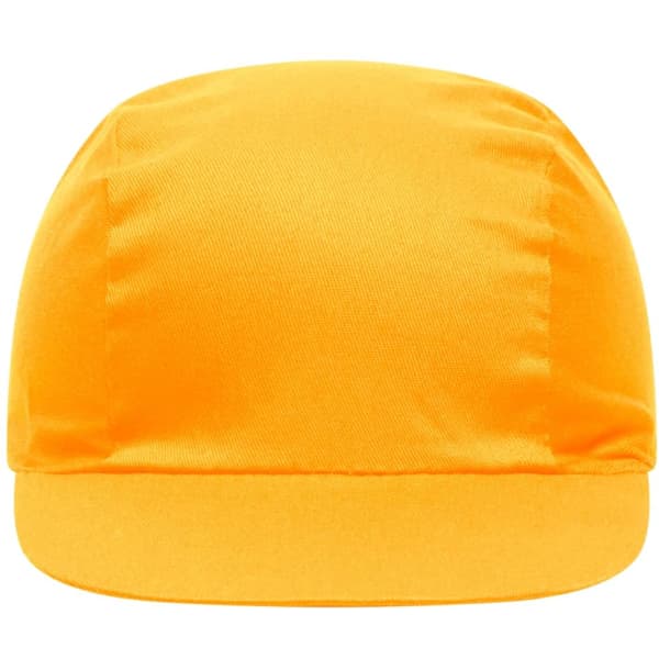 A bright yellow cap with a smooth, fabric finish and a curved brim. Features a logo on the front.