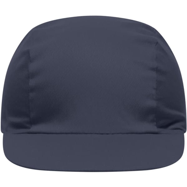 A navy blue 3 Panel Promo Cap with a brim and a branded logo displayed on the front.