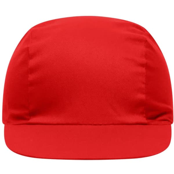 A red 3-panel promo cap featuring a rounded crown and a stiff brim. It has a logo on the front.