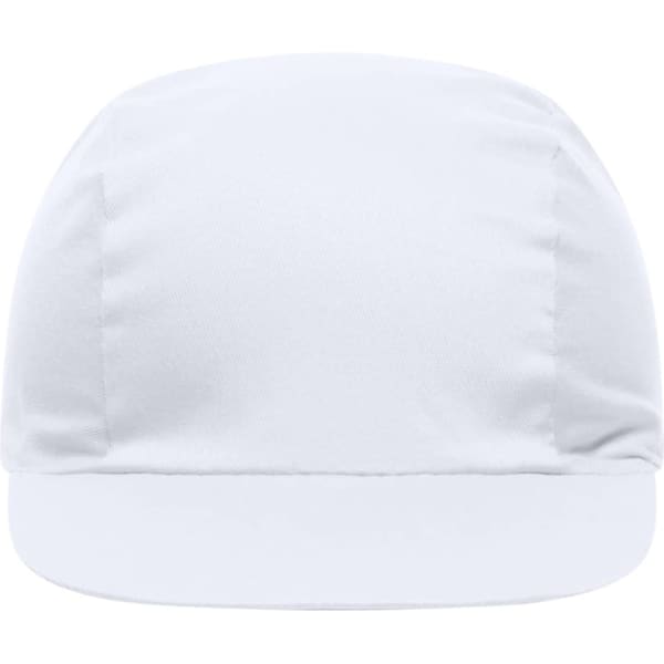 A white three-panel cap featuring a front peak and a logo. The cap has a smooth fabric texture.