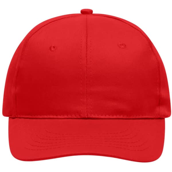 A red six-panel promotional cap with a structured design and a logo on the front.