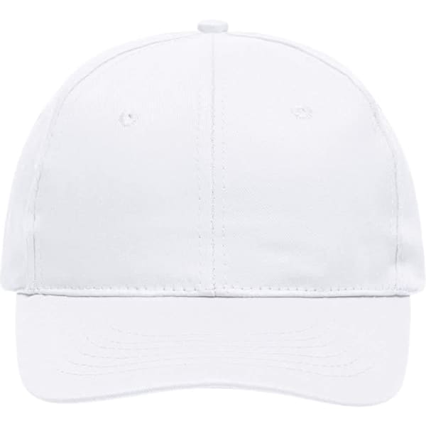 A white 6 panel cap featuring a curved peak and a logo on the front.