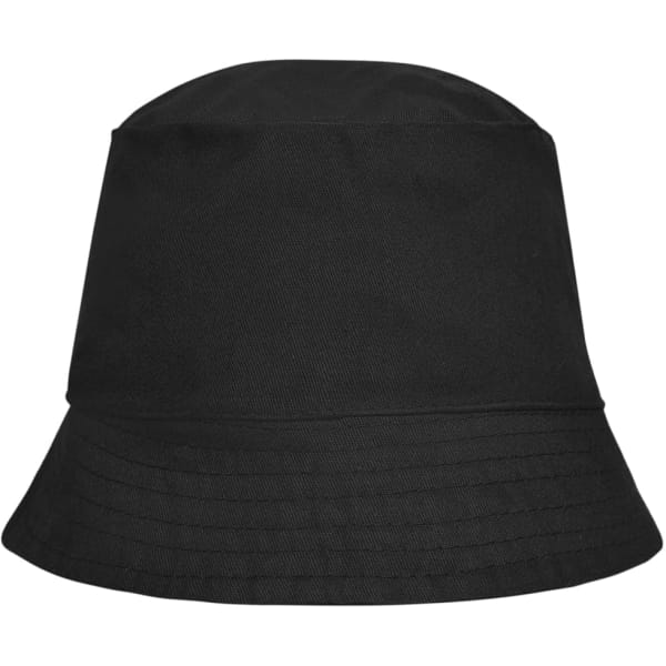 A black bucket hat featuring a wide brim and a textured finish, with a logo on the side.