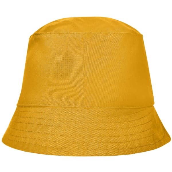 A yellow bucket hat, featuring a wide brim and a smooth fabric texture, with a logo on the side.