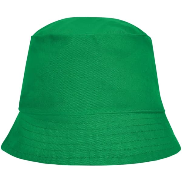 A green bucket hat with a wide brim and a simple design, featuring a logo on the front.
