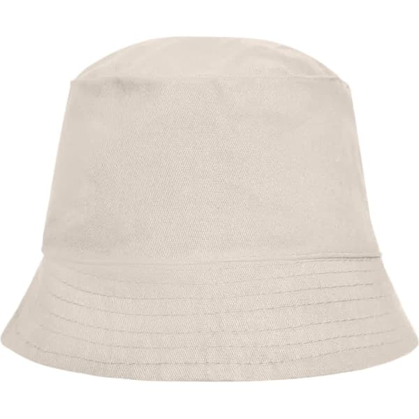 A beige bucket hat with a wide brim and a textured surface, featuring a logo.