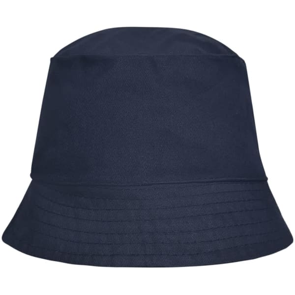 A navy blue bucket hat with a wide brim and a simple design. It features a logo on the side.