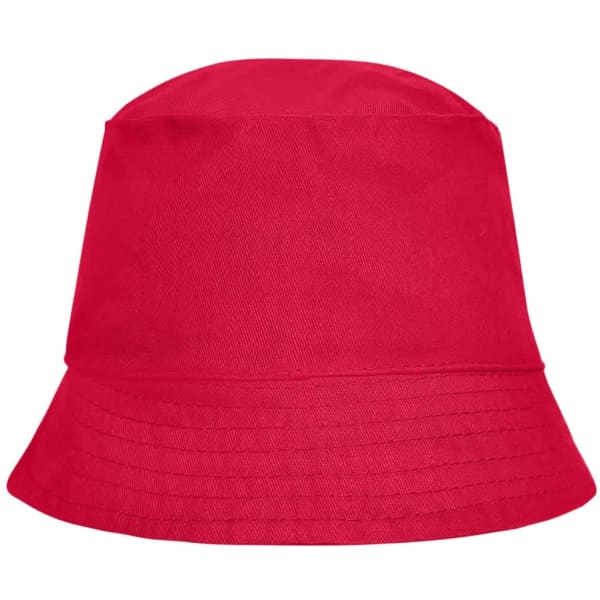 A red bucket hat with a wide brim and a simple, unembellished design. Features a logo.