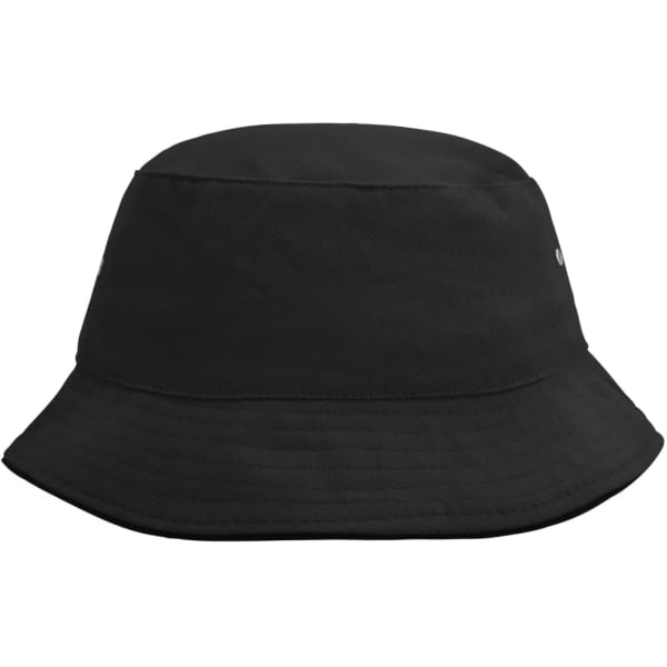 A black bucket hat with a small logo, featuring a wide brim for sun protection.