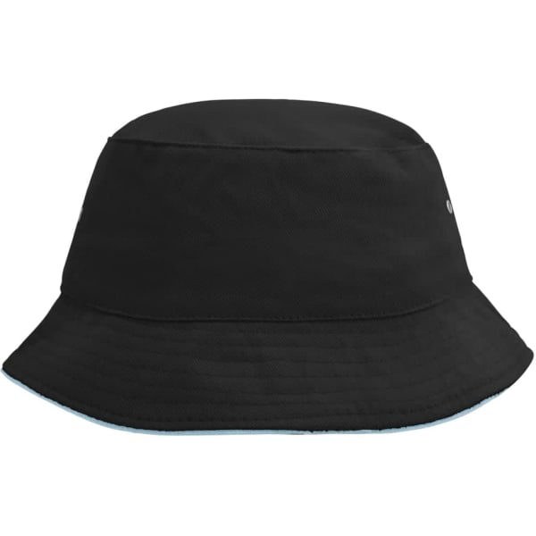 A black bucket hat with a wide brim, featuring a tonal logo. Ideal for outdoor activities.
