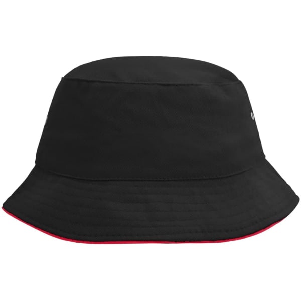 A black Fisherman Piping Hat with a red trim and a logo on the side, designed as a bucket hat.