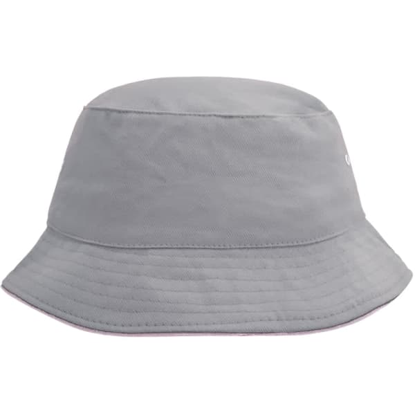 A grey fisherman piping hat with a wide brim, featuring a logo on the side.