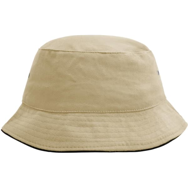 A beige bucket hat with a rounded crown and a wide brim, featuring a small logo.