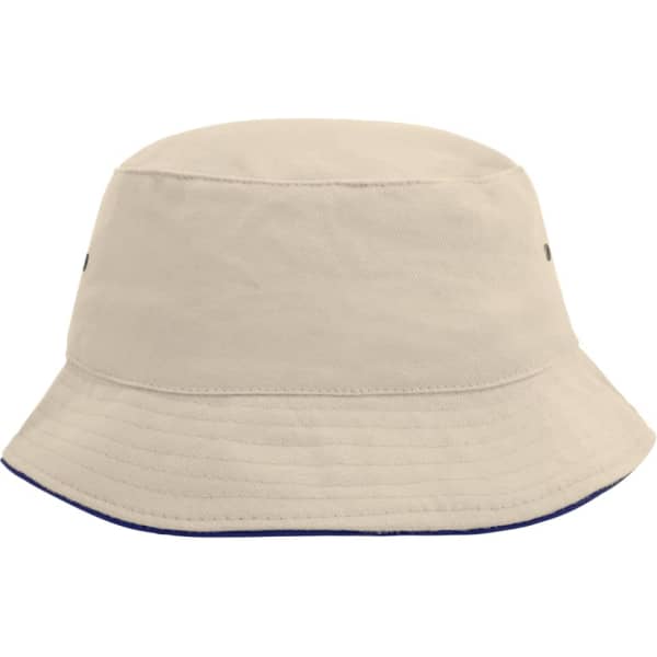 A beige fisherman piping hat with a wide brim and a contrasting trim. Features small ventilation holes.