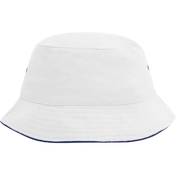 A white bucket hat with a contrasting brim and an attached logo on the side.