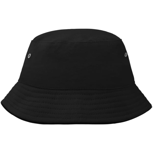 A black fisherman piping hat for kids with a wide brim and eyelets for ventilation. Features a branding logo.