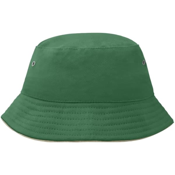 A green bucket hat with a wide brim and eyelets, featuring a subtle logo. Suitable for kids.