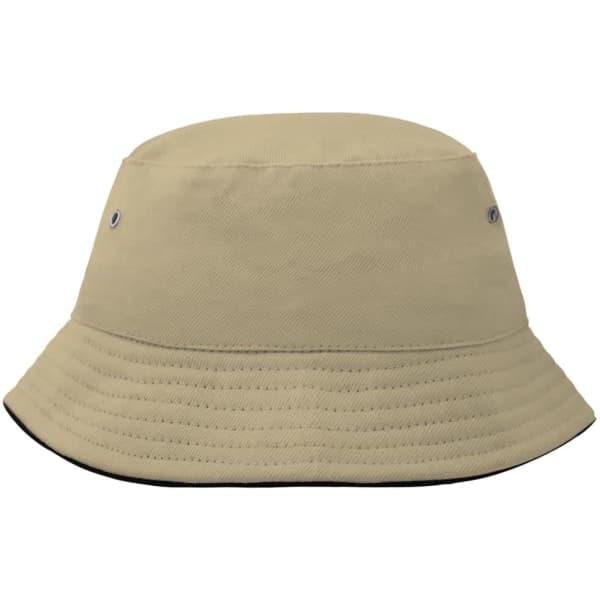 A beige fisherman piping hat for kids with a wide, flexible brim and eyelet details. Features a logo on the side.