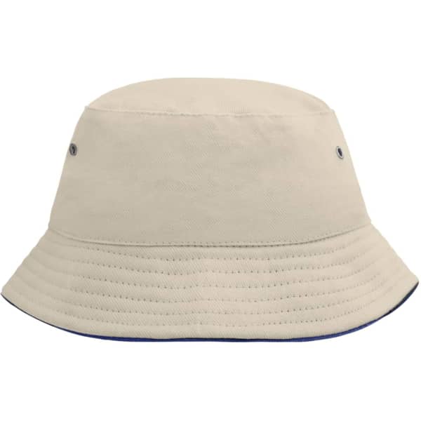A fisherman piping hat for kids in beige with a navy trim, featuring ventilation eyelets and a casual bucket design.