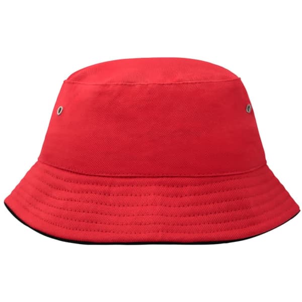 A red fisherman piping hat for kids with a wide brim and ventilation eyelets. It has a simple design and is unadorned.
