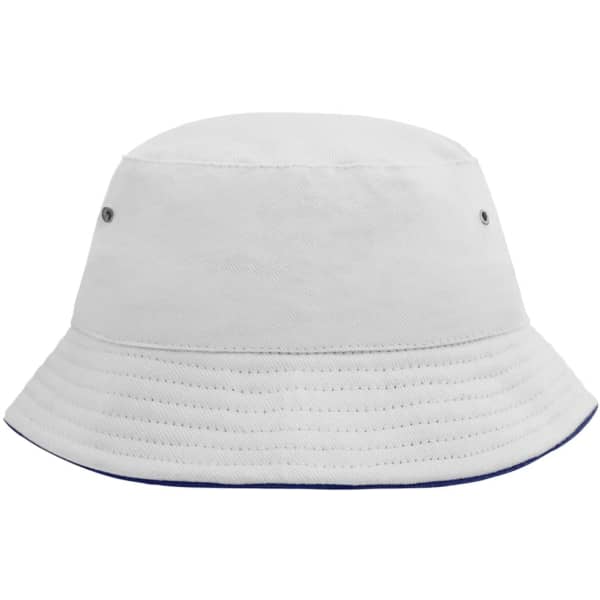 A white bucket hat for kids with a navy trim and ventilation eyelets, featuring a logo on the side.