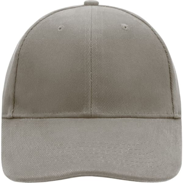 A grey 6 panel cap with a rounded brim and an embroidered logo on the front.