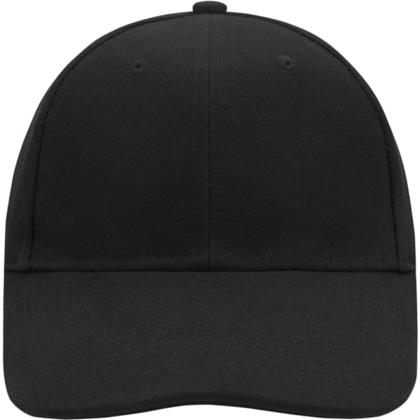 A black 6-panel cap with a rounded crown and a front panel. It has a logo on the front.