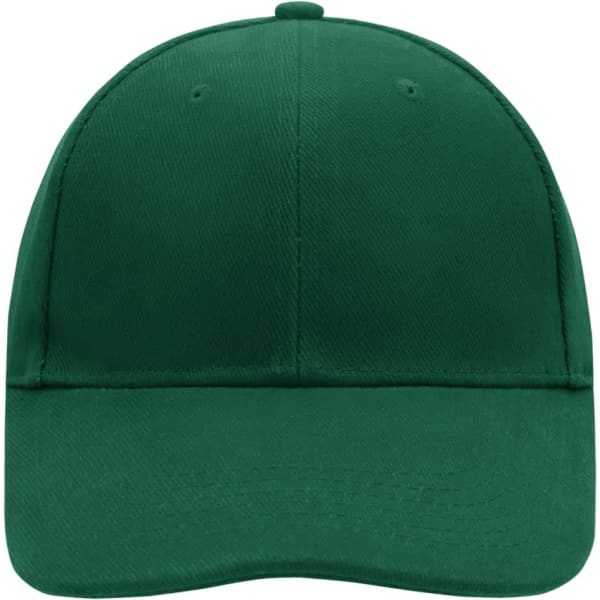 A green 6 panel cap with a structured front, featuring a brand logo. Suitable for various headwear styles.