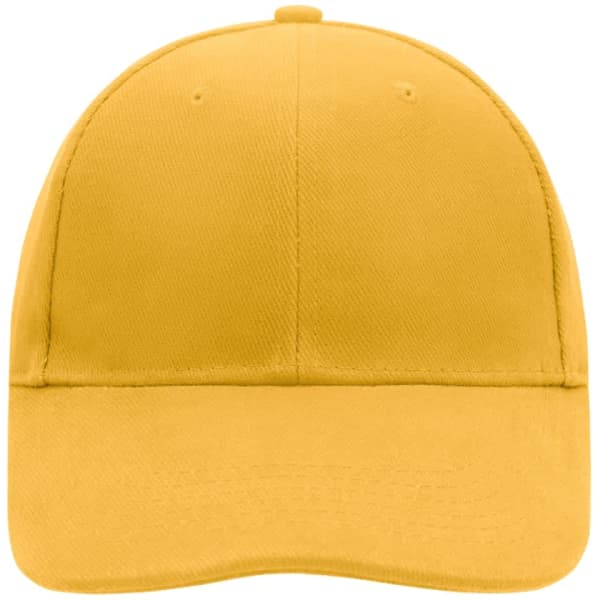 A yellow six-panel cap with a rounded crown and a flat brim. It features a logo or branding.