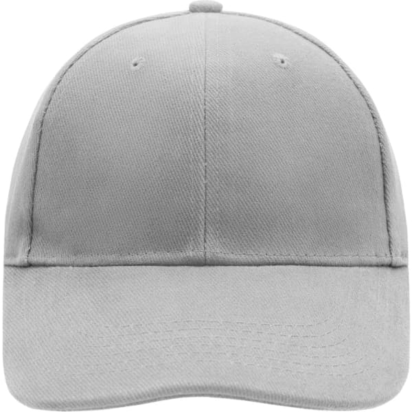 A grey six-panel cap with a laminated finish and a logo on the front.