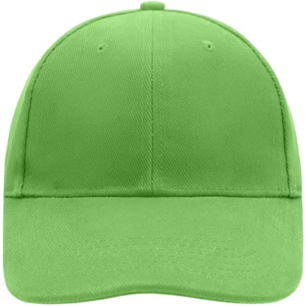 A bright green 6-panel cap with a seamless front and a branded logo on the side.