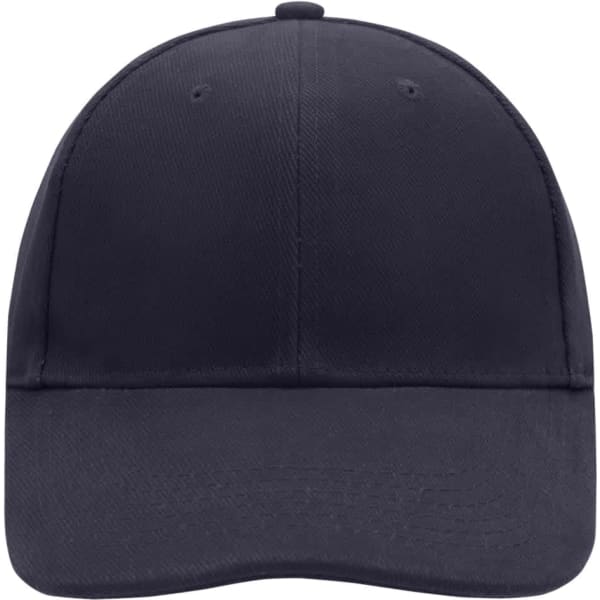 A navy blue six-panel cap with a flat brim and a branding logo on the front.