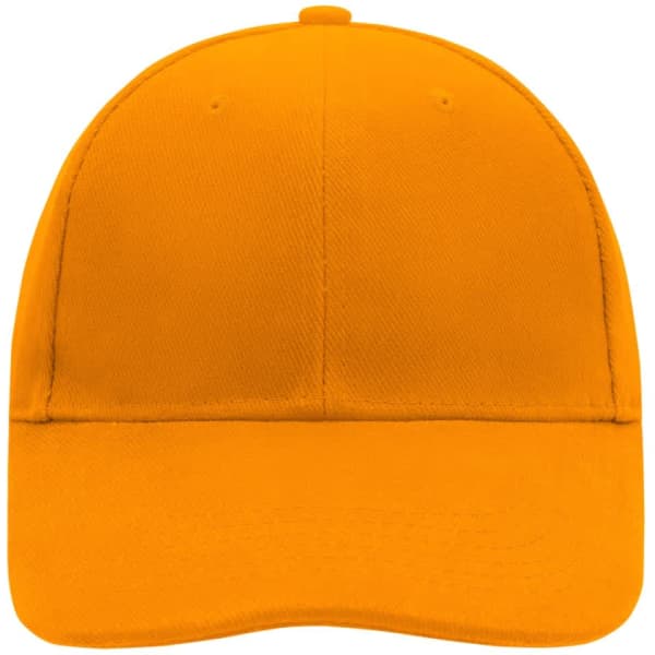 A bright orange 6-panel cap with a smooth finish and a curved brim, featuring a logo on the front.