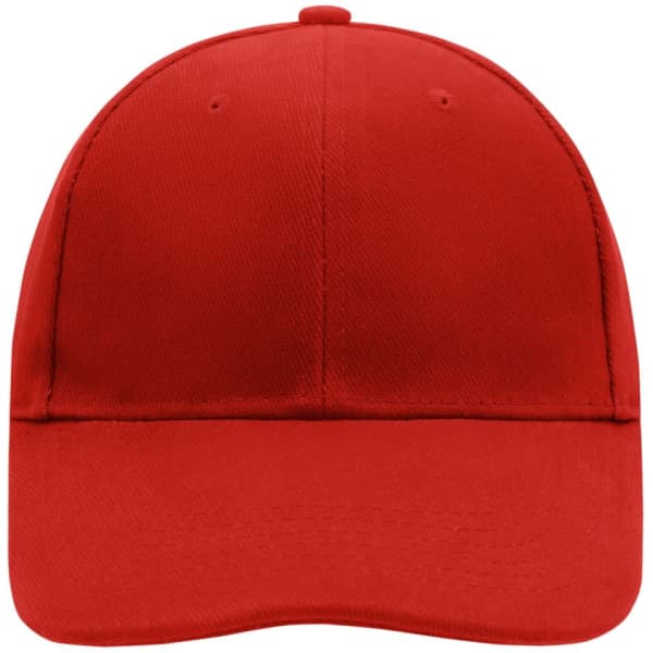A red 6-panel cap with a flat brim and a logo on the front. The fabric appears laminated for durability.
