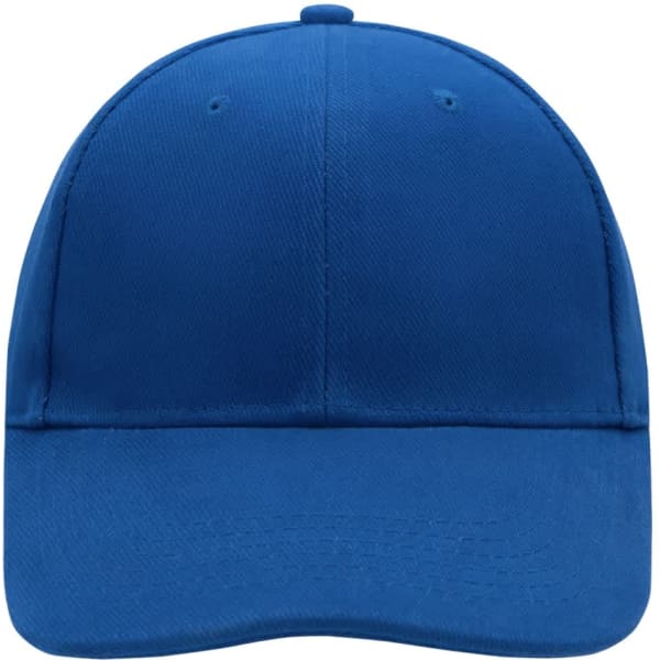 A blue 6-panel cap with a curved brim, featuring a logo on the front.