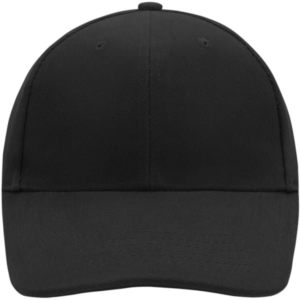 A black low-profile 6-panel cap with a rounded crown and a logo on the front.