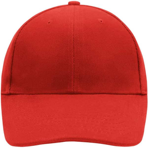 A red low-profile 6 panel cap featuring a front panel and a logo on the side.