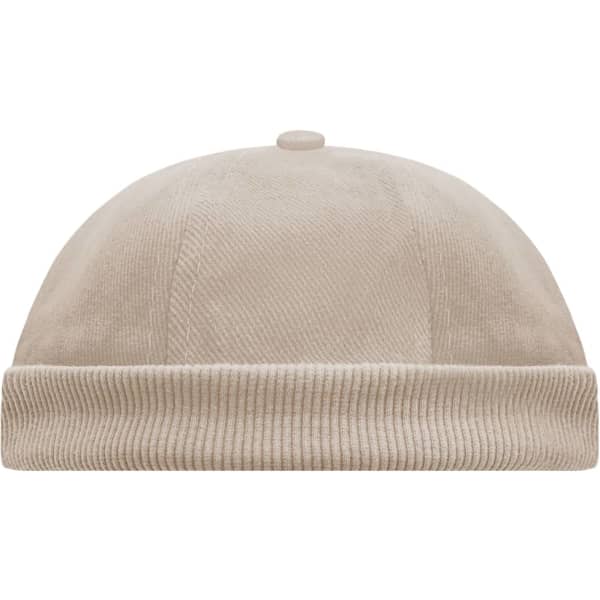 A beige 6 panel chef cap with a rounded top and ribbed band, featuring a logo on the front.